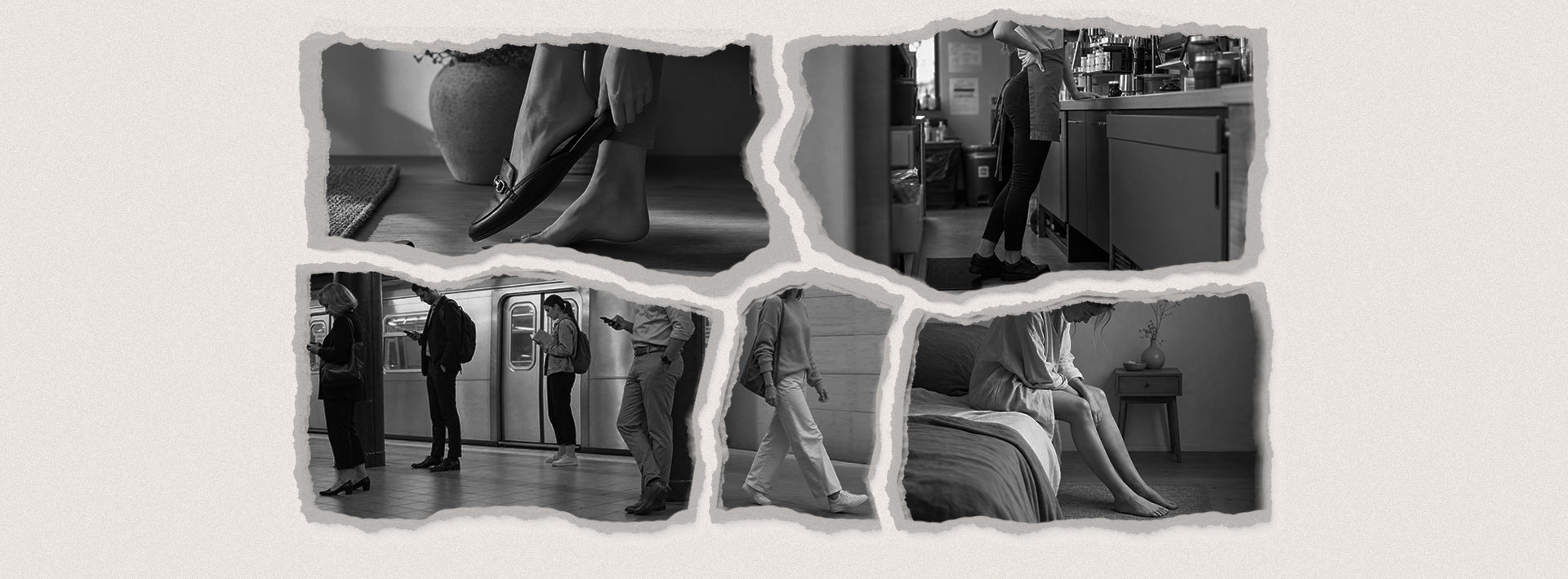 Pieds fatigués et inconfort plantaire causés par les chaussures du quotidien et la fatigue liée aux mouvements.