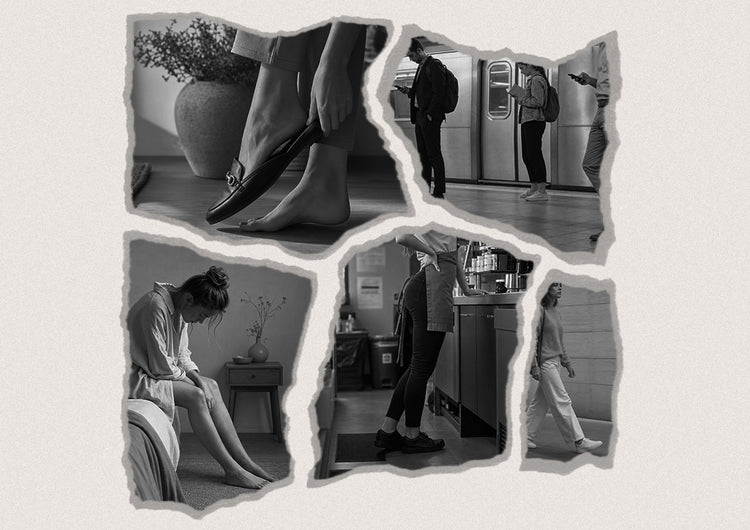 Pieds fatigués et inconfort plantaire causés par les chaussures du quotidien et la fatigue liée aux mouvements.