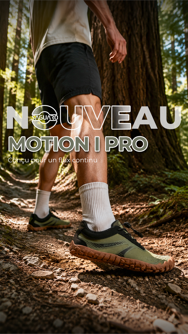 Chaussures barefoot de running SAGUARO Motion I Pro sur un sentier forestier