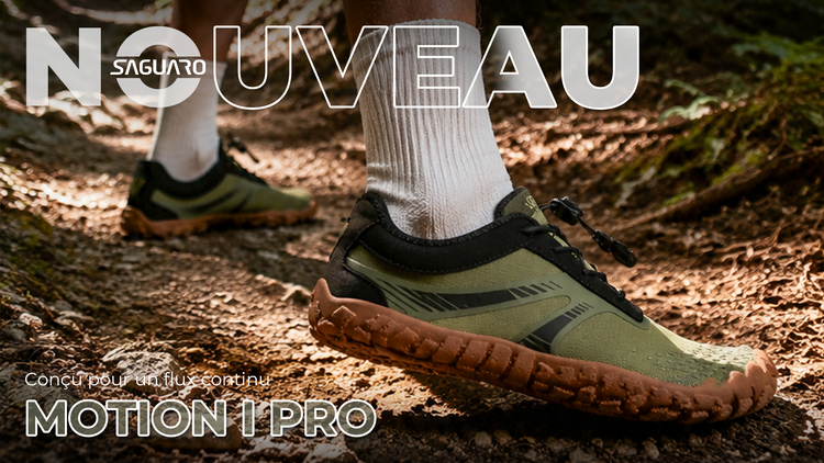 Chaussures barefoot de running SAGUARO Motion I Pro sur un sentier forestier